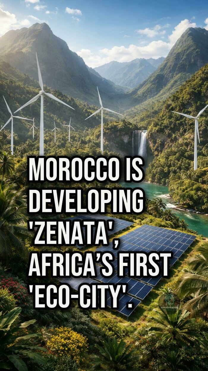 Wind turbines and solar panels in lush green mountains representing good news of eco-city development in Morocco.