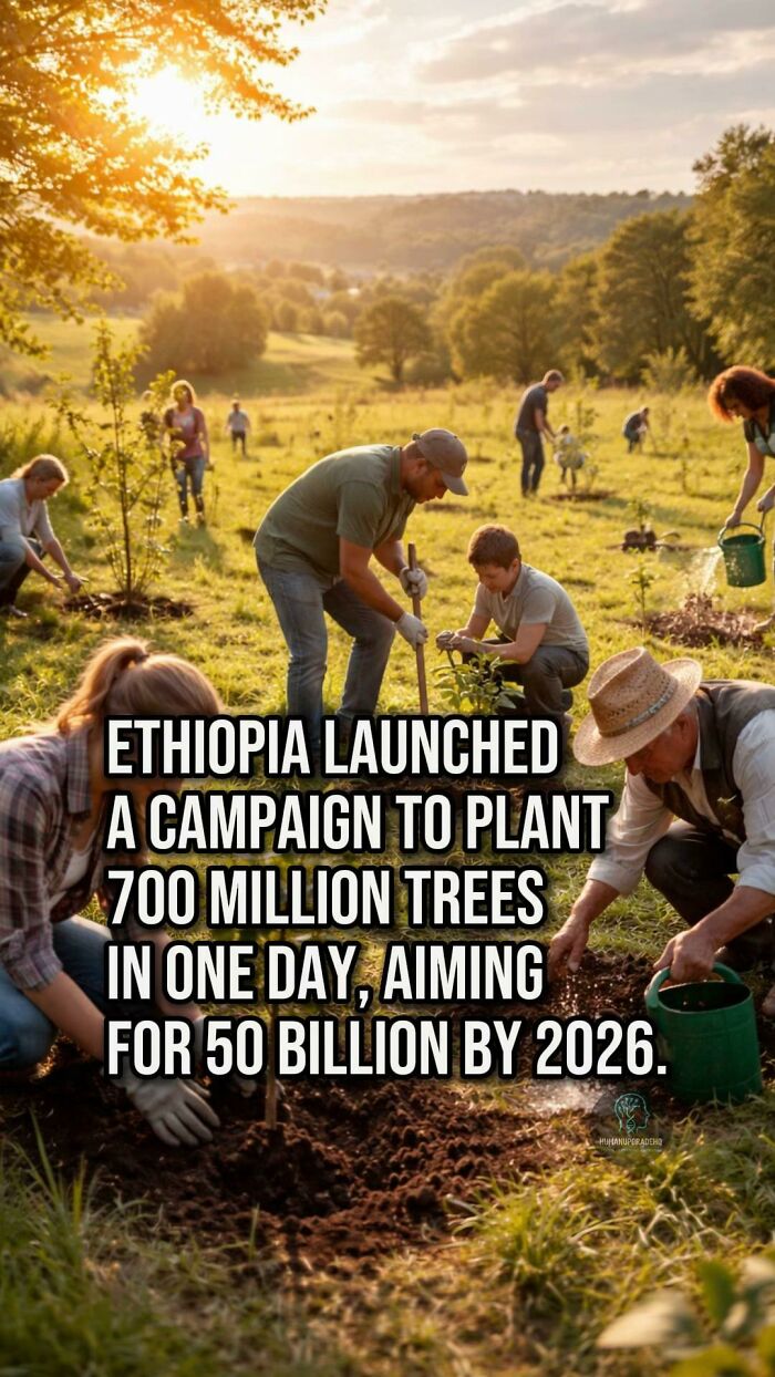 People planting trees outdoors at sunset, highlighting good things that happened with a major tree-planting campaign.