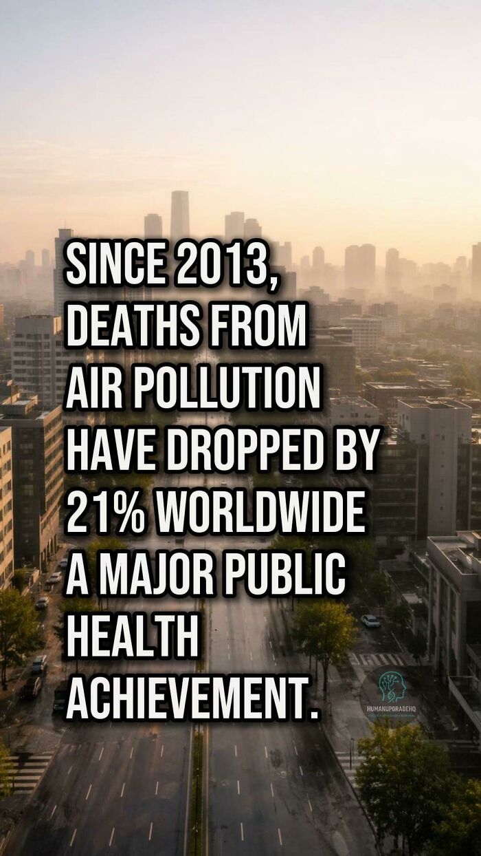 City skyline at sunrise with text about air pollution deaths dropping 21% worldwide, highlighting a good recent health achievement.