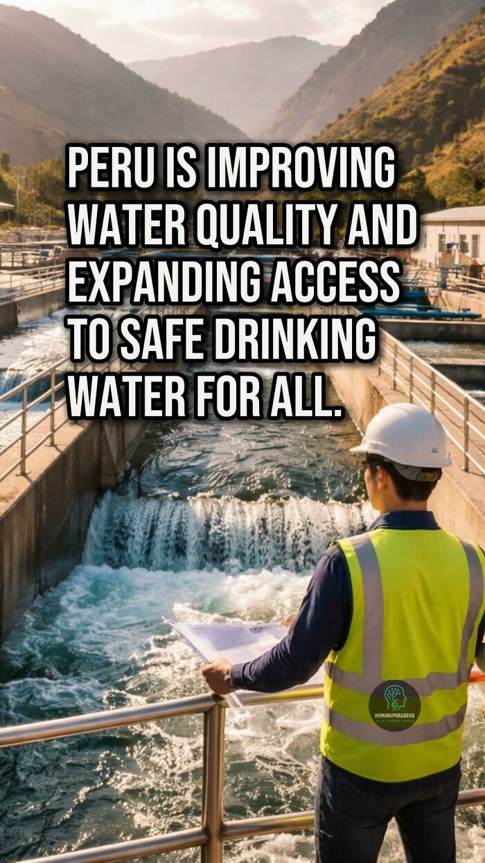 Engineer in safety gear inspecting water treatment facility in Peru improving water quality and expanding safe water access.