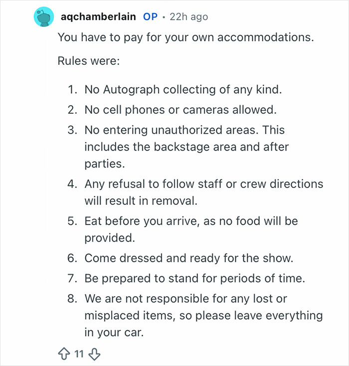 Reddit post listing harsh rules Grammy seatfillers must follow during the event, including no phones and standing long periods.