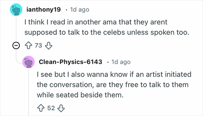 Online conversation discussing strict rules Grammy seatfillers face during the event about interacting with celebrities.
