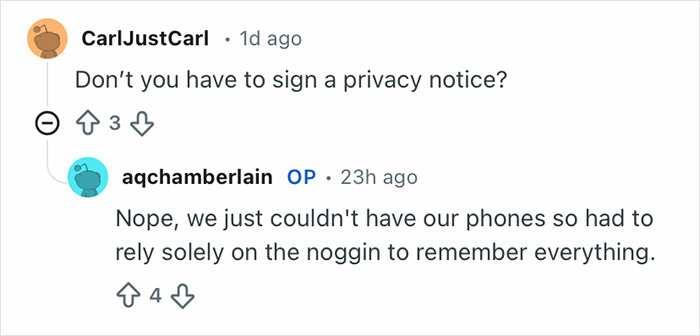 Screenshot of a Reddit conversation about Grammy seatfiller rules, highlighting phone restrictions and memory reliance.