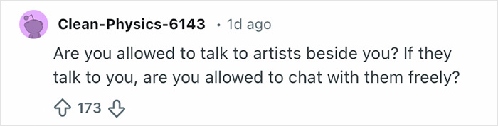Screenshot of a comment asking about Grammy seatfiller rules on talking to artists during the event.