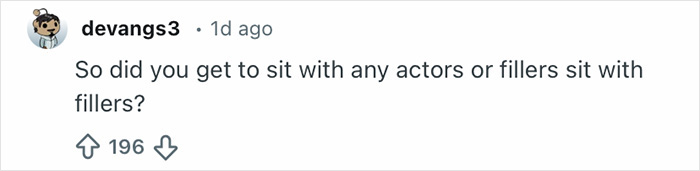 Reddit comment discussing seating with actors or fillers, relating to Grammy seatfiller rules and event experiences.