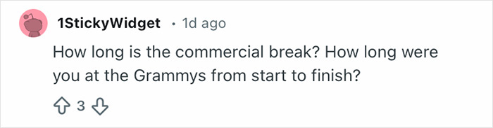 Screenshot of a social media comment asking about the length of the commercial break and Grammy event duration.