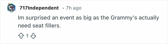 Social media comment about Grammy seatfiller role expressing surprise that such a big event needs seat fillers.