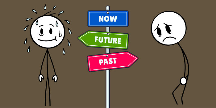 Two stick figures sweat and frown near a signpost showing now, future, and past, illustrating time and energy dilemmas.