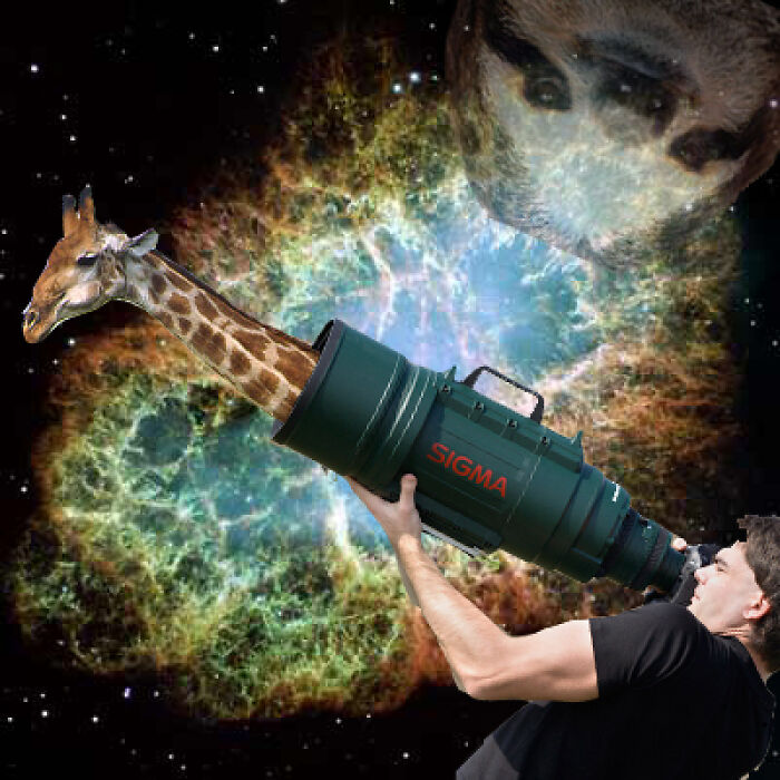 Man aiming a large camera lens emitting a giraffe in space, showing unhinged and wild pics without Photoshop.