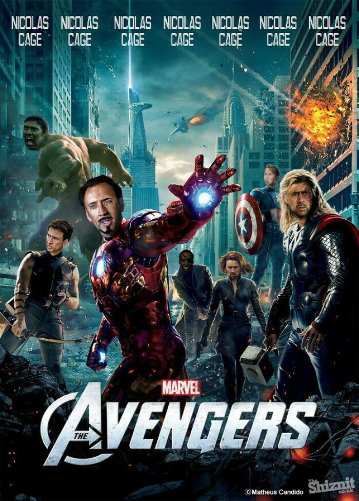 Photoshopped Avengers movie poster with unhinged and wild faces of Nicolas Cage on superheroes in a chaotic city battle scene