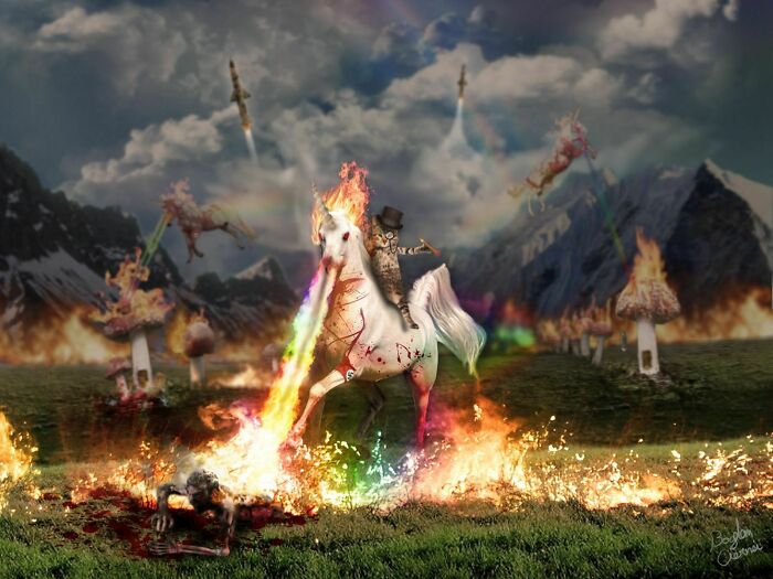 Surreal wild scene with a flaming unicorn breathing fire, explosive background, and chaotic elements illustrating unhinged pics.