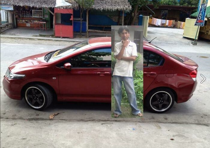 A wild and unhinged Photoshop edit shows a distorted car with a misaligned person blending into the vehicle.