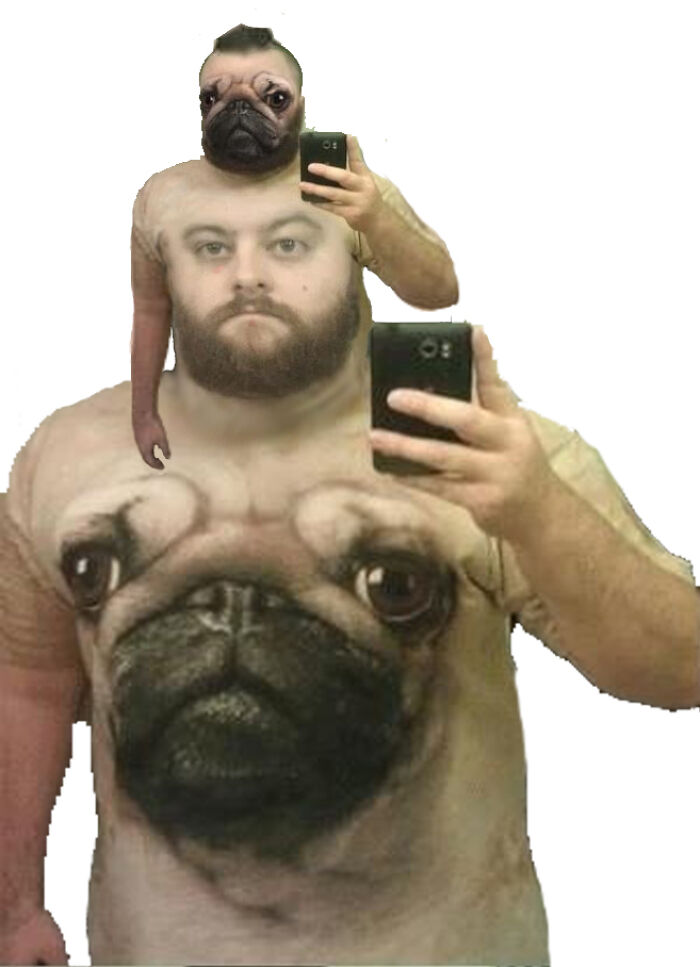 Man with pug face and arms taking a mirror selfie, illustrating unhinged and wild pics without Photoshop explanation.