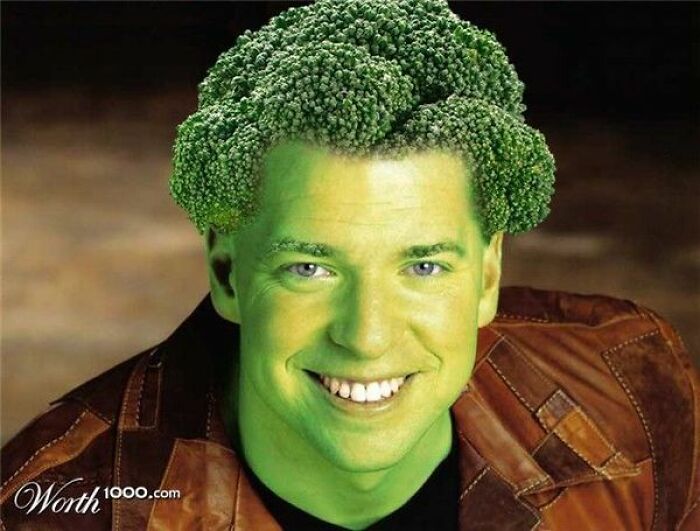 Man with green skin and broccoli hair smiling in a surreal, unhinged Photoshop altered portrait.