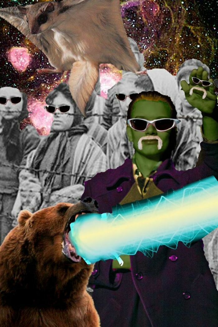 Surreal and unhinged Photoshop edit with green-skinned person, laser bear, floating animal, and people wearing sunglasses.