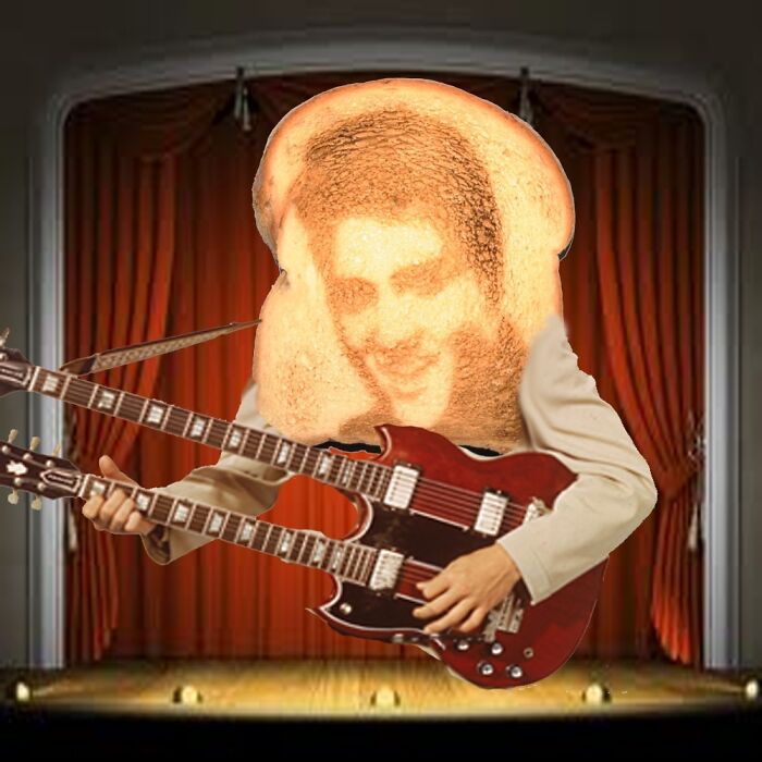 Surreal image of a person with a toast head playing a double-neck guitar on stage, showcasing unhinged wild pics effect.