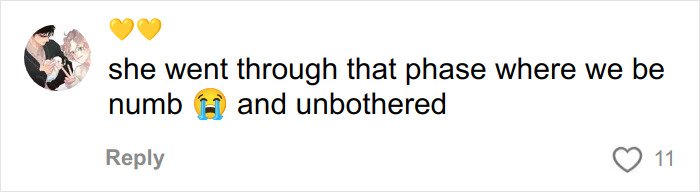 Comment with emojis expressing numbness and being unbothered, discussing emotional phase in a social media reply.