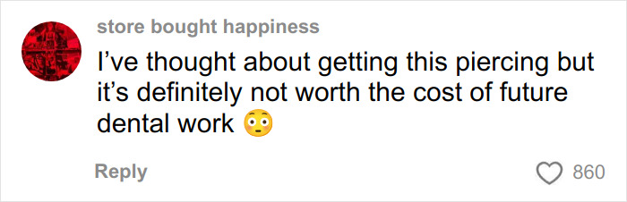 Comment warning about a piercing not worth the future dental work, reflecting health experts' concerns on viral look trends.