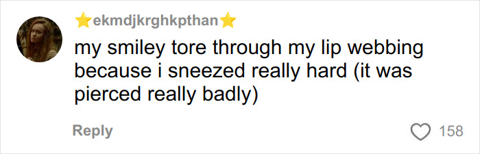 Comment from social media user sharing experience of lip piercing injury, relevant to health experts warning on viral look risks.