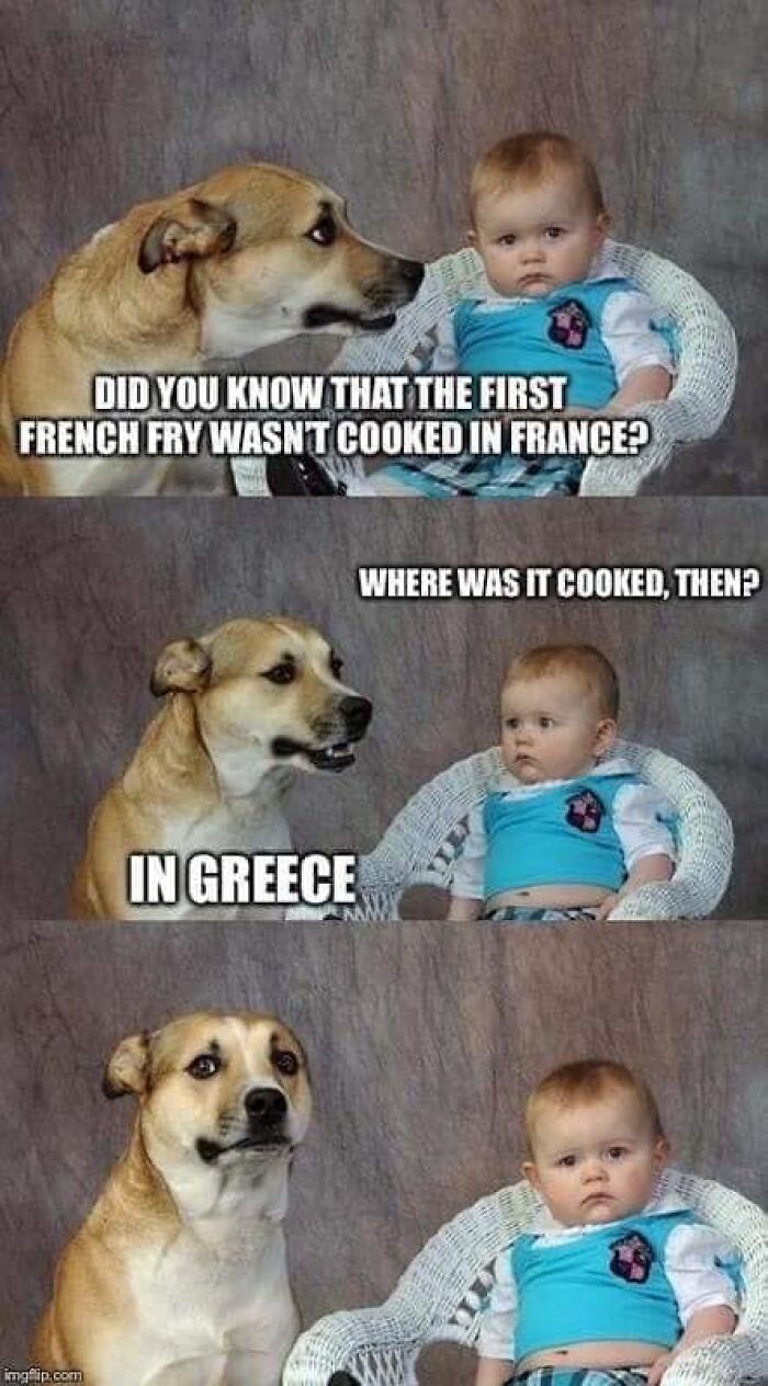 Dog and baby in funny meme about the origin of french fries, showing dogs were so funny they became memes.