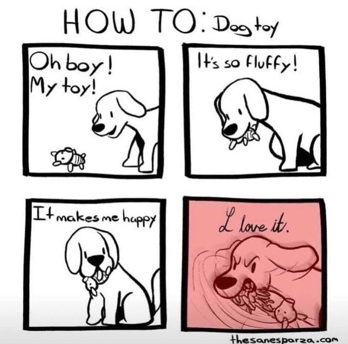 Comic strip showing a dog happily discovering and shaking a fluffy dog toy, highlighting funny dog meme humor.