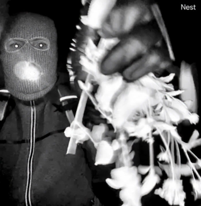 Masked kidnapper holding flowers in a dark setting, related to Bitcoin exchange and police control case.