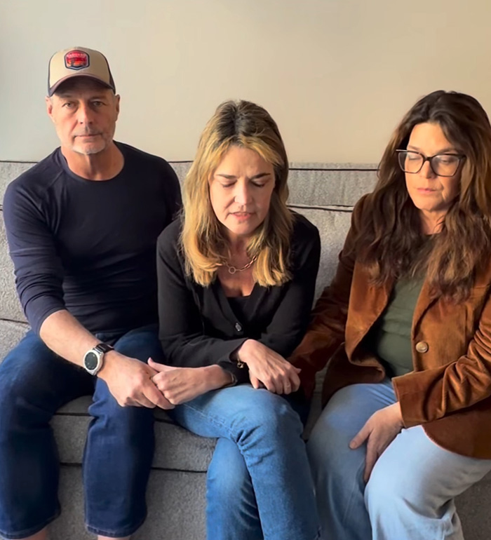 Three people sitting on a couch, showing concern and support while discussing Bitcoin exchange and police control.