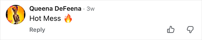 Comment saying Hot Mess with fire emoji by Queena DeFeena in a social media post about Mickey Rourke without cosmetic procedures.