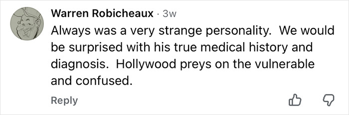 Comment discussing Mickey Rourke's personality and medical history, referencing Hollywood's impact on the vulnerable.
