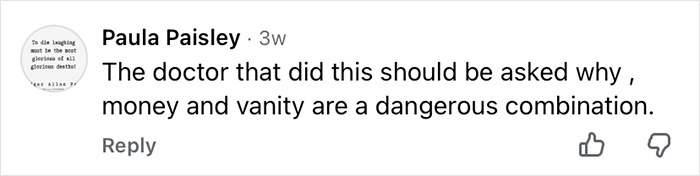 Comment criticizing cosmetic procedures, mentioning money and vanity risks related to how Mickey Rourke would look today.