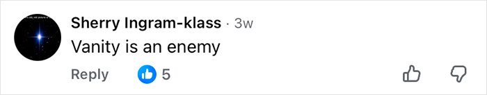 Comment on social media by Sherry Ingram-klass stating Vanity is an enemy with five likes, about Mickey Rourke cosmetic procedures.