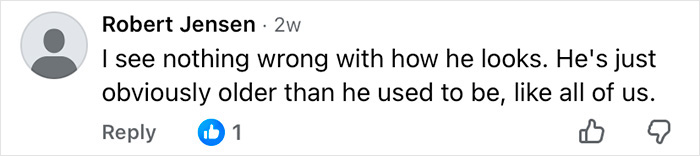 Comment from Robert Jensen stating he sees nothing wrong with how Mickey Rourke looks and notes natural aging without cosmetic changes.