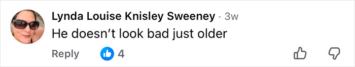 Comment on social media post from Lynda Louise Knisley Sweeney, wearing sunglasses and smiling, discussing appearance without dramatic cosmetic procedures.