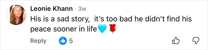 User comment expressing sympathy and regret about not finding peace sooner in life with emojis of a blue heart and rose.