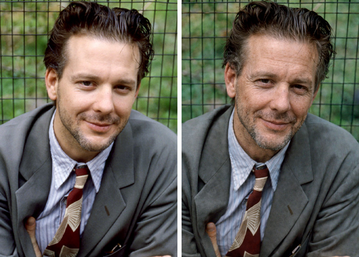 Side-by-side comparison of Mickey Rourke showing natural look versus appearance after dramatic cosmetic procedures outdoors.
