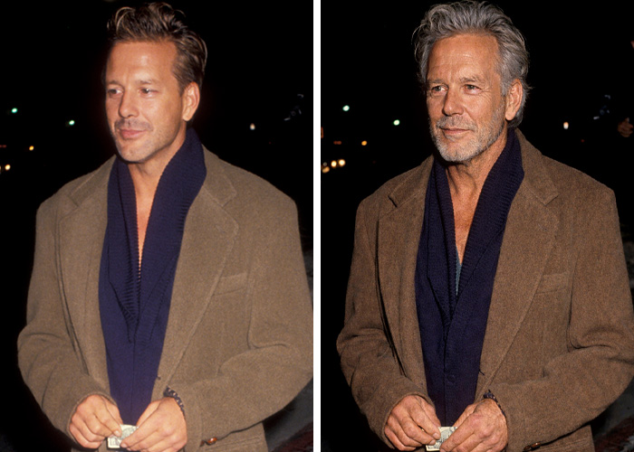 Side-by-side images of Mickey Rourke showing natural aging without dramatic cosmetic procedures at night.