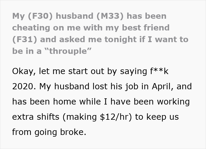 Man Cheats On Wife With Her Best Friend While She Works 70 Hours A Week, Expects Her To Just Take It