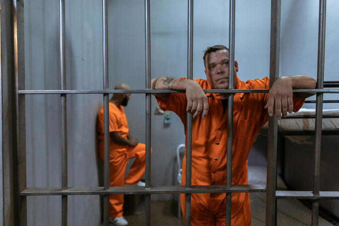 Man in orange jail uniform behind bars in a prison cell, with another inmate sitting in the background.