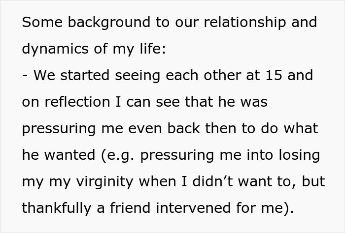 Text excerpt showing a woman sharing struggles with her husband pressuring her in their relationship history.