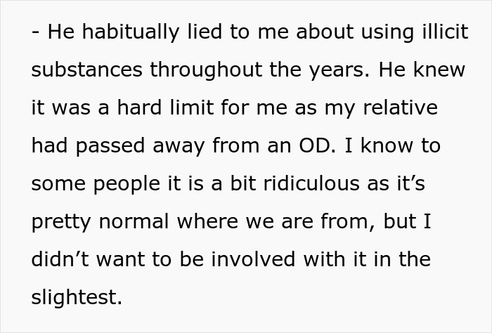 Text excerpt showing a woman sharing her struggles with a husband who lies and uses illicit substances despite her boundaries.