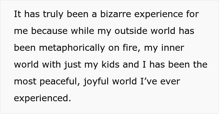 Alt text: Woman shares her struggles with husband leaving and coming back, describing a peaceful inner world with her kids amid chaos.