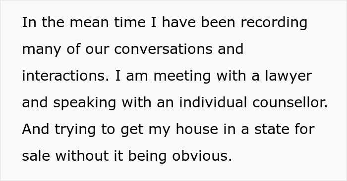 Text excerpt showing a woman sharing struggles with her husband who keeps leaving and coming back while seeking legal and counseling support.