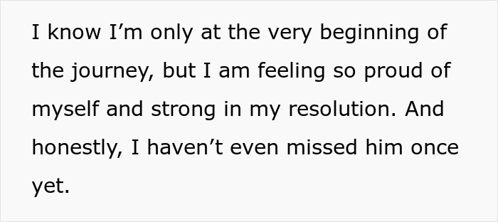 Text excerpt showing a woman sharing her struggles with husband who keeps leaving and coming back and finding strength in her resolution.