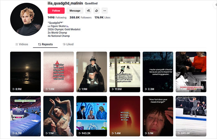 Profile of Olympic star Ilia Malinin showing troubling posts after major defeat, raising fan concern and discussion online.