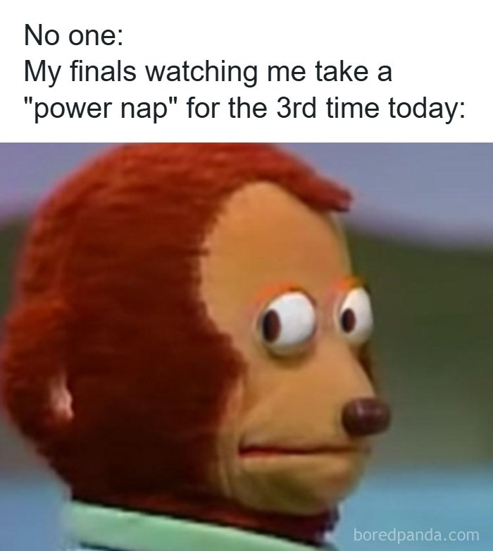 Blurry monkey meme representing college students taking multiple power naps during finals season as relatable college memes.