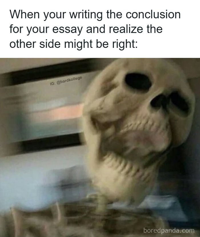Blurred skeleton meme illustrating the stress of college students writing essays, part of relatable college memes for broken students.