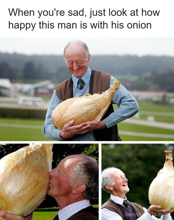 Elderly man smiling and holding an absolute unit of a giant onion outdoors in multiple joyful poses.