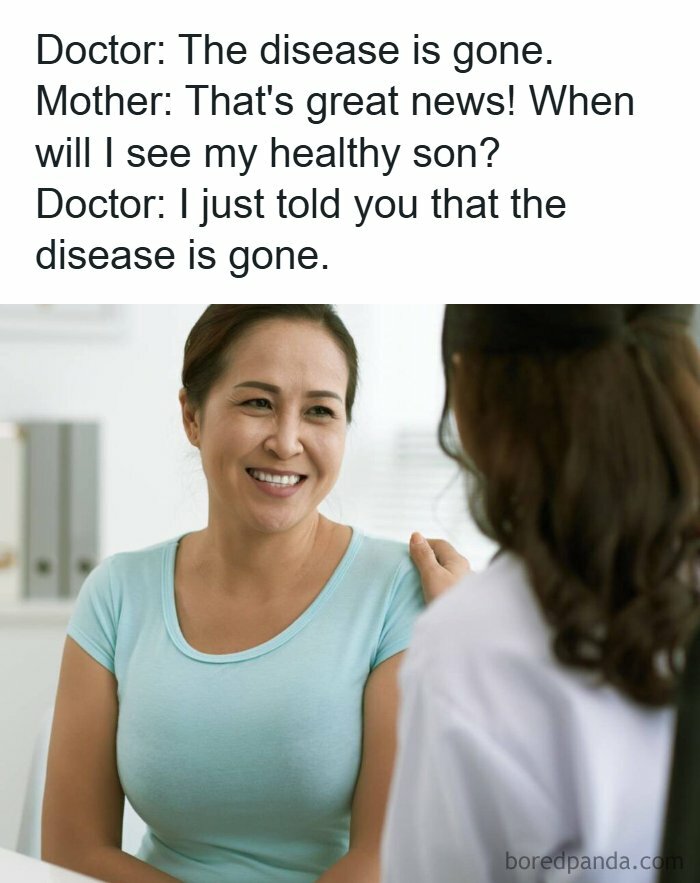 Healthcare meme showing a doctor-patient conversation with a humorous twist about disease and health.
