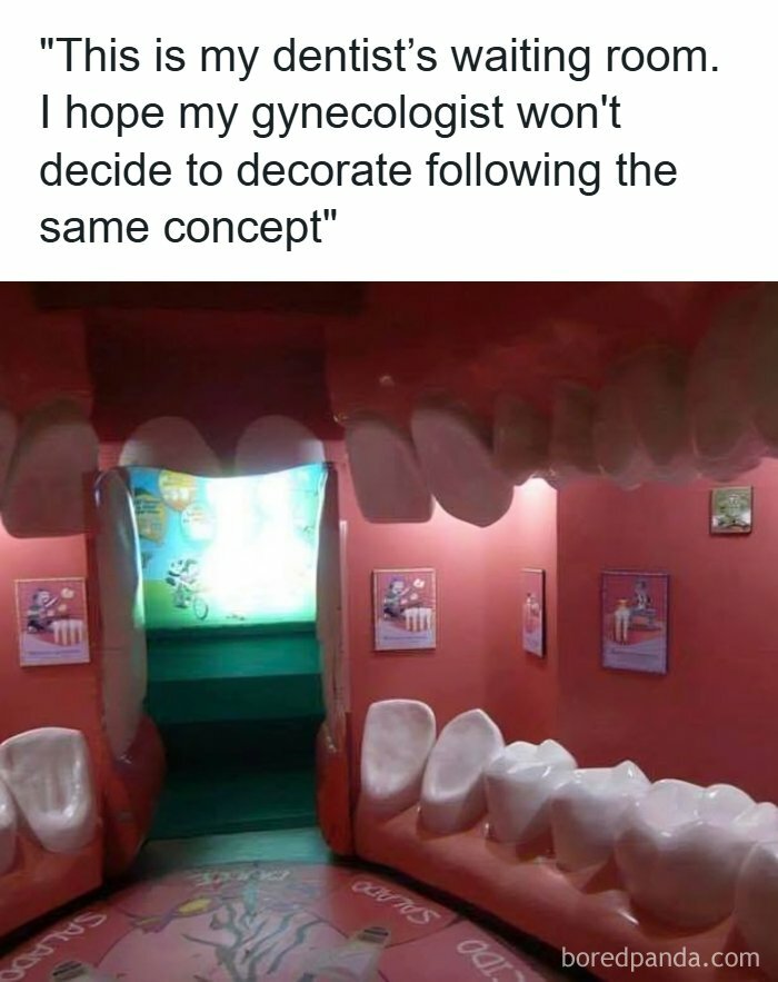 Dental-themed healthcare meme showing a dentist's waiting room designed as a giant mouth with teeth seats.