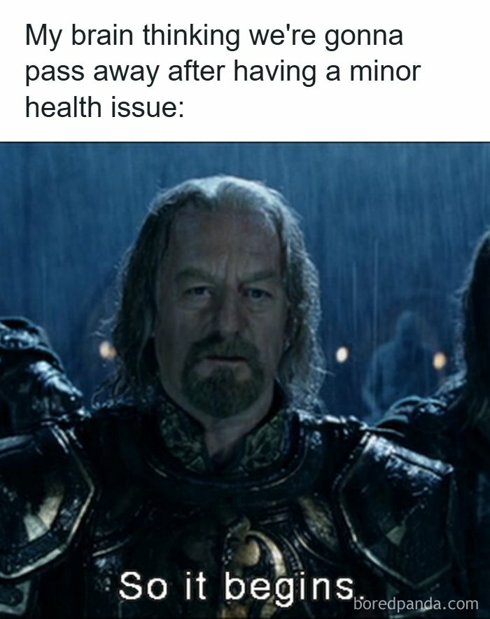 Medieval warrior meme illustrating healthcare anxiety with caption about minor health issues, healthcare memes humor.